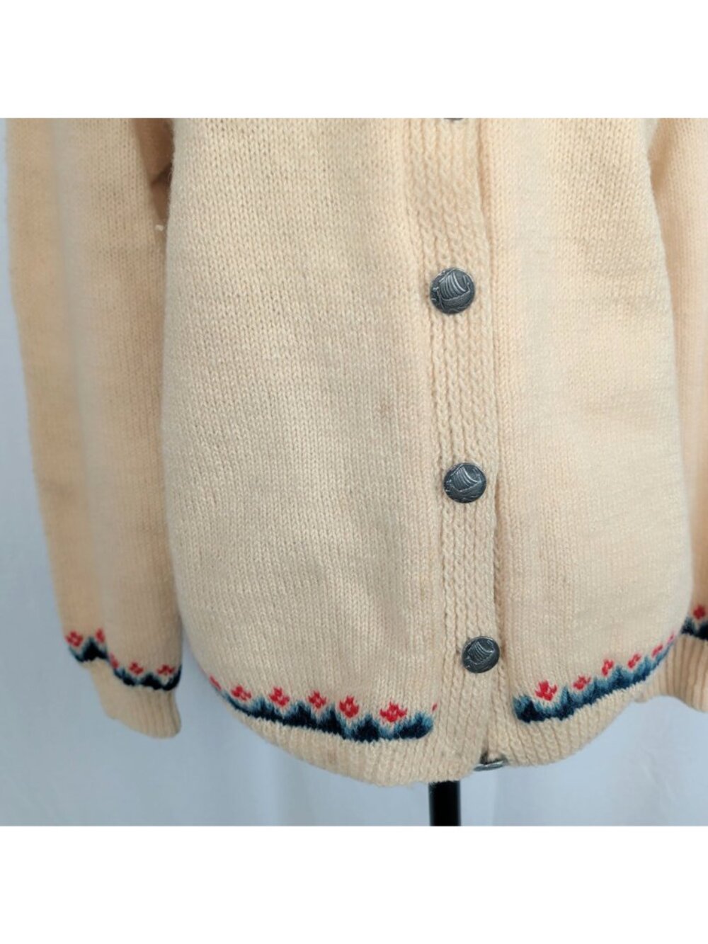 Vintage 60s Fair Isle Knit Cardigan Medium Cream Nordic - Picture 4 of 8